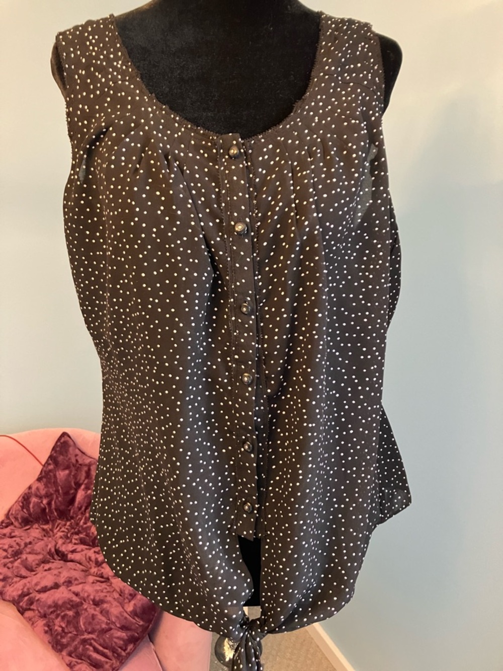 White House Black Market Black Polka Dot Sleeveless Button-Front Tie Hem Top
